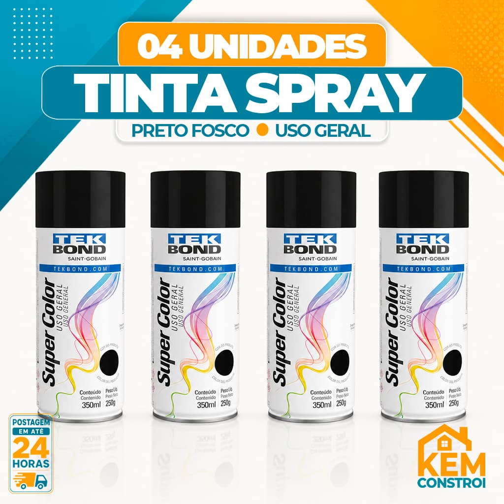 Kit 4 Tinta Spray Tekbond Preto Fosco 350ml Uso Geral Alta Cobertura Secagem Rapida