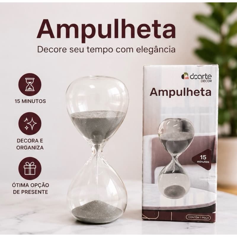 Ampulheta Decorativa de Vidro 15 Minutos Relógio de Areia Decoração Escritório Estudo