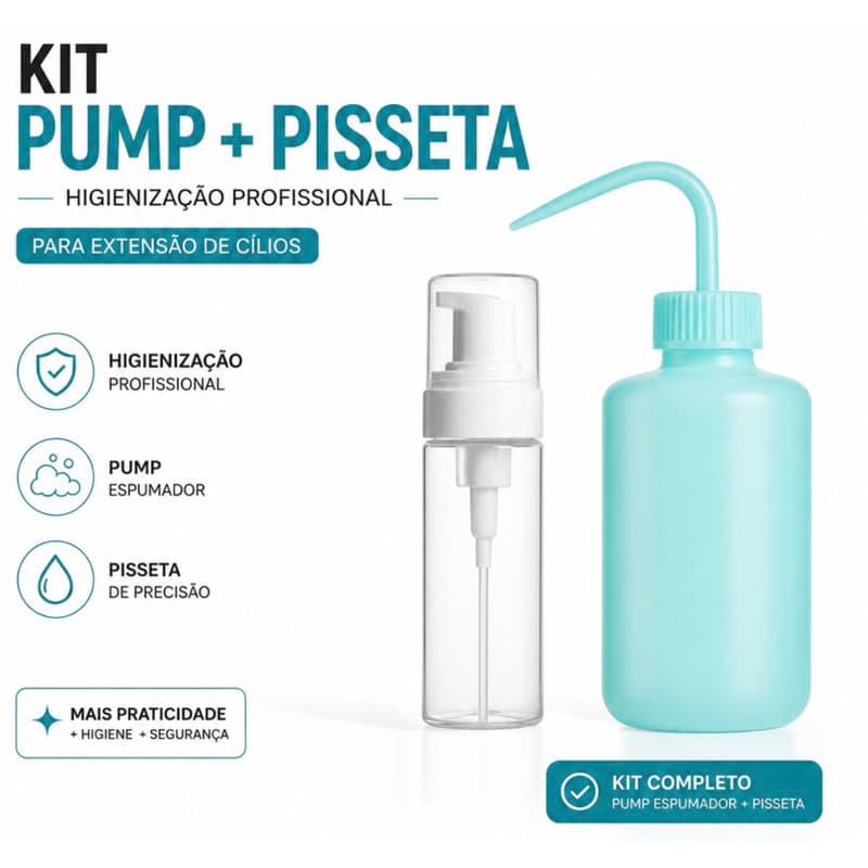 Kit Pump Espumador + Pisseta Azul para Higienização Profissional de Extensão de Cílios