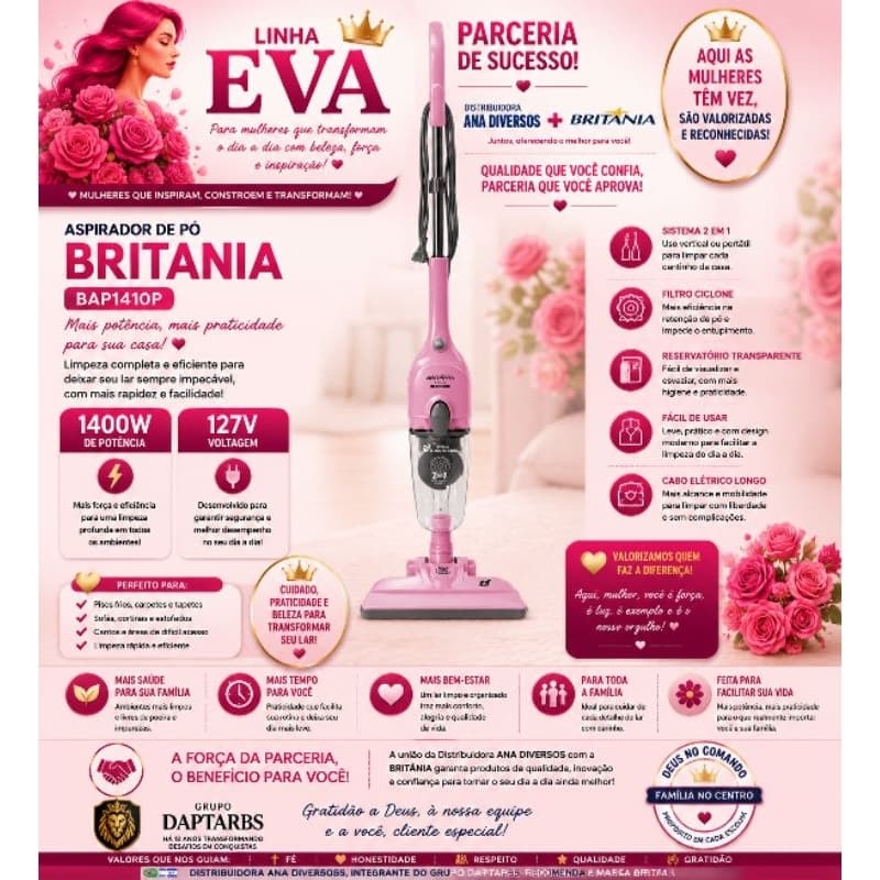 🌈🇮🇱✡🇧🇷ASPIRADOR DE PÓ ROSA VERTICAL 2 EM 1 BRITÂNIA 1400W BASE30 127V