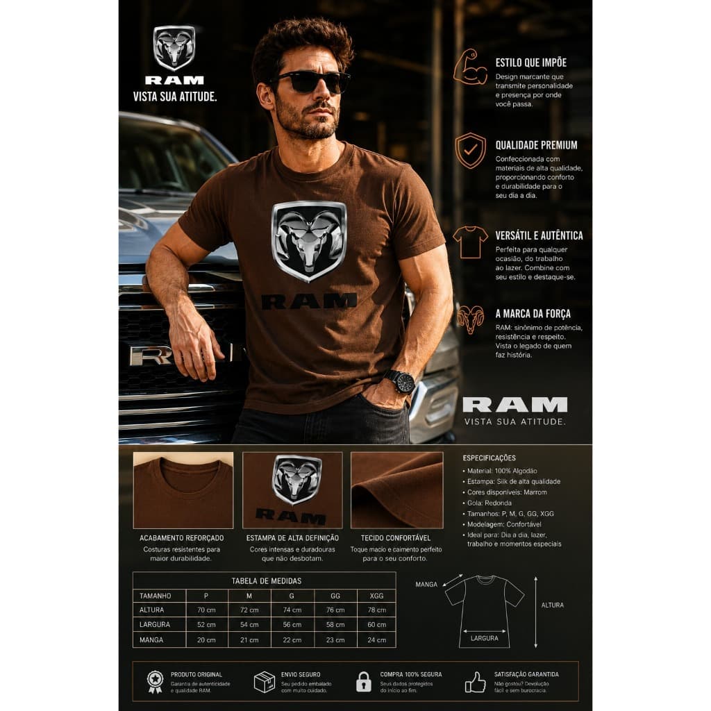 Camiseta Masculina RAM   Estilo Automotivo, Conforto e Atitude