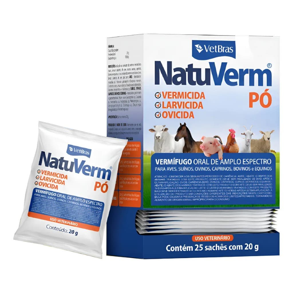 Vermífugo Oral Natuverm Pó 25 Unid VetBras Para Aves Suínos Bovinos