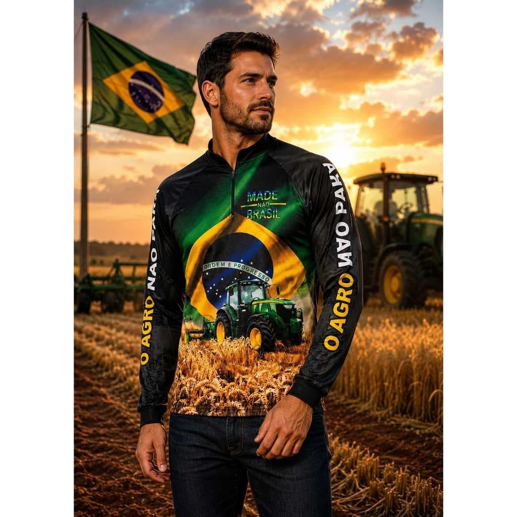 Camisa Camiseta Agro Masculina Proteção Uv50 Gola Padre de Zíper