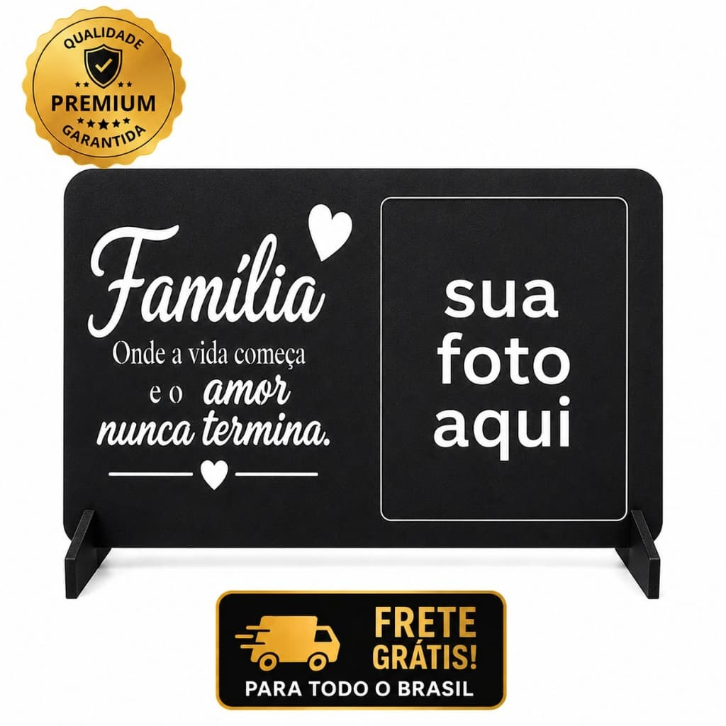 Porta Retrato Família Decorativo em MDF Preto - Foto 10x15cm