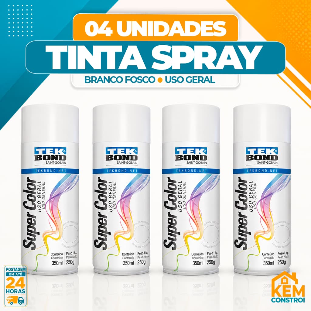 Kit 4 Tinta Spray Tekbond Branco Fosco 350ml Uso Geral Alta Cobertura Secagem Rapida