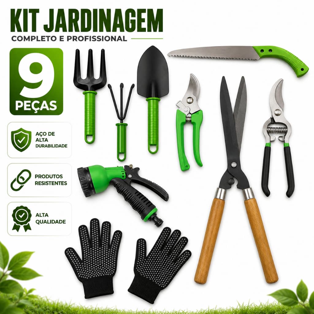 Kit Jogo Jardinagem Jardim Pá Tesoura Poda Luva 9 Peças Profissional Grama Garfo Serrote