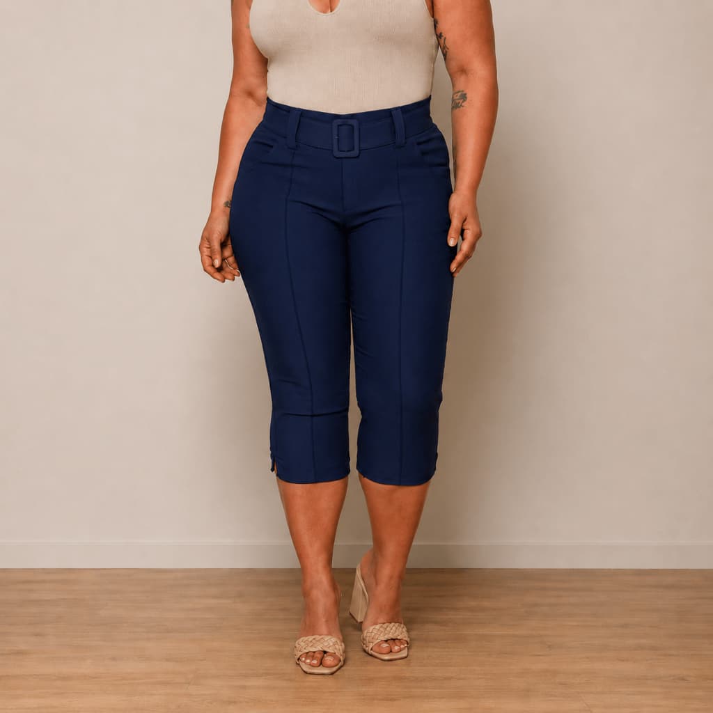 Calça Capri Social Plus Size Feminina Com Cinto Fivela Cintura Alta Alfaiataria Tecido Bengaline 42 ao 52