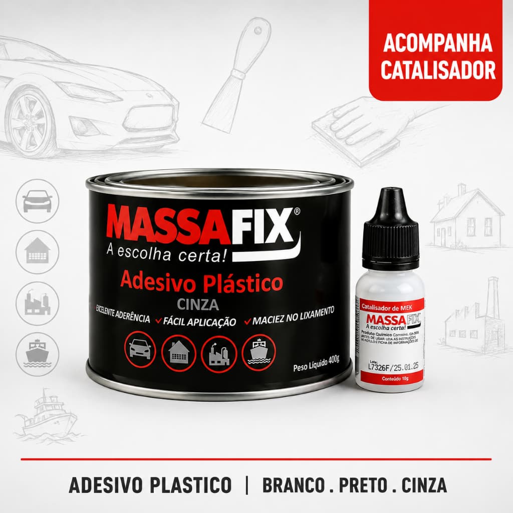 Massa Plástica MassaFix 400g Branco Preto Cinza com Catalisador Reparo Carro Mármore Granito Cuba