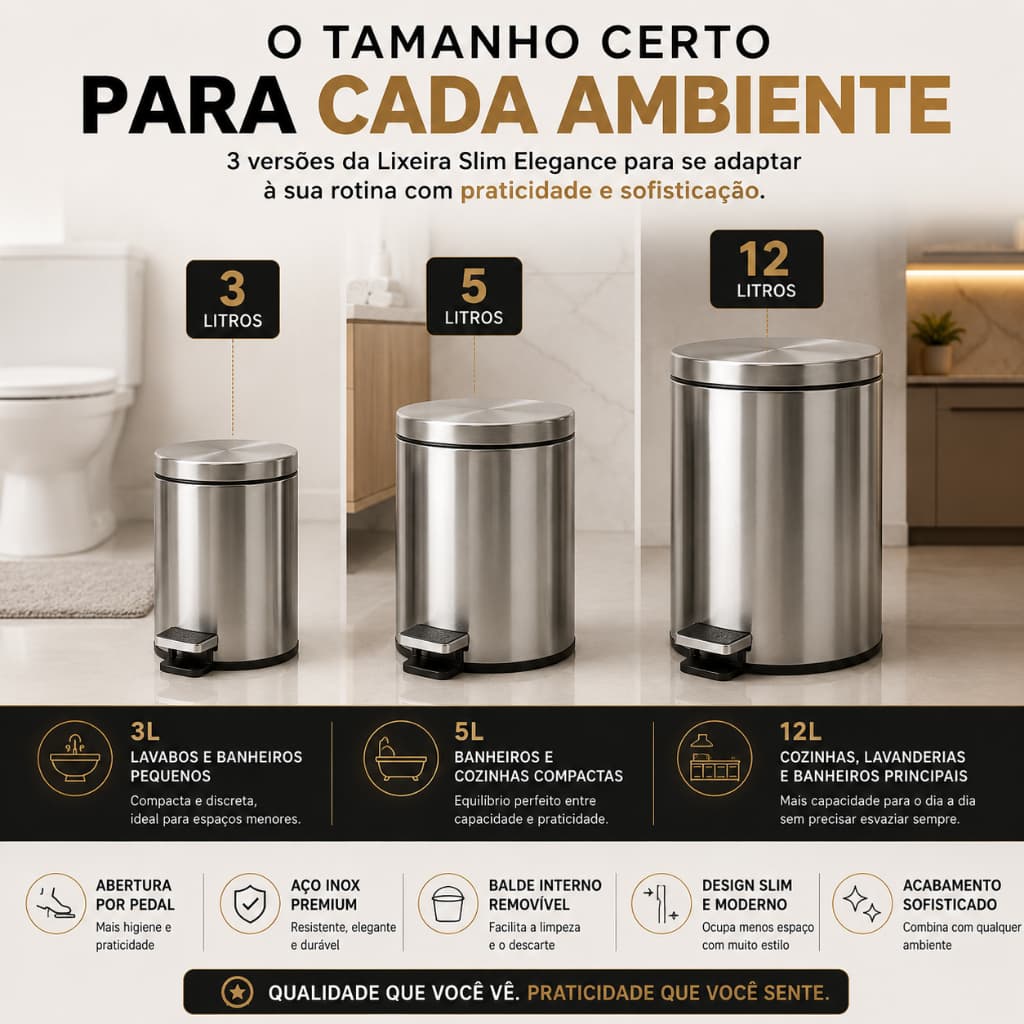 Lixeira Inox 3L 5L 12L Pedal Balde Interno Removível Prático Durabilidade Banheiro Quarto Escritório