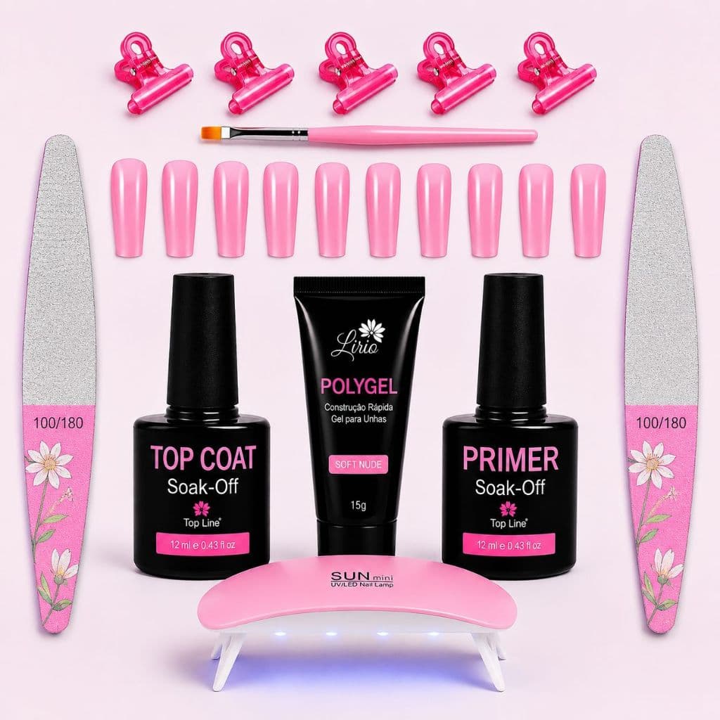 Kit Unhas em Gel Iniciante Manicure Alongamento Polygel Top Coat Primer Lixa Pincel Presilhas Moldem F1