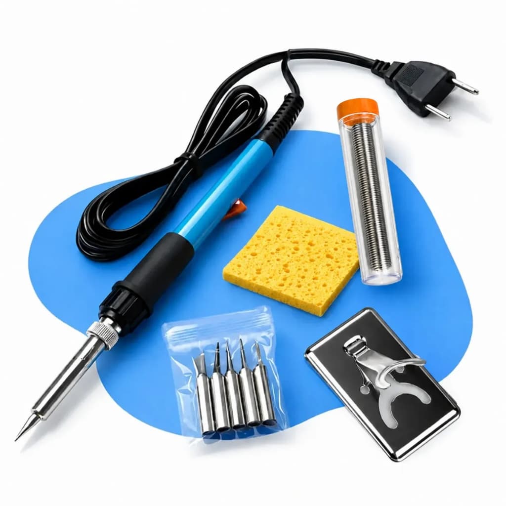 Kit Ferro de Solda 60W Regulável 220V Kit Completo com 5 Pontas Suporte Esponja e Fio de Estanho com Fluxo