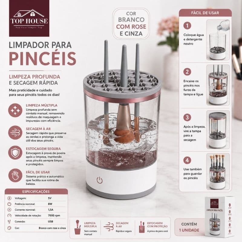 Limpador Elétrico Pincéis  Maquiagem Branco Limpeza profunda rápida Remove Recarregável higienizados