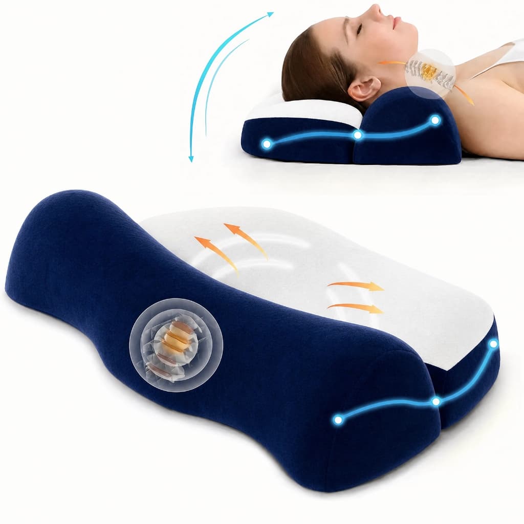 Travesseiro Cervical com Tração,2 em 1 Zero Pressão,Espuma Viscoelástica para Dor no Pescoço,Lavável–Sono Profundo