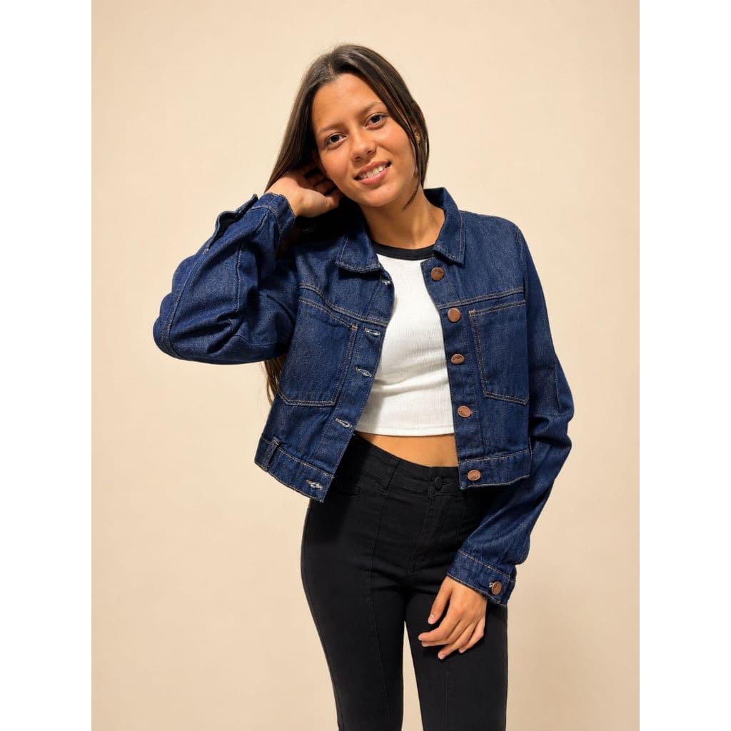 Jaqueta Jeans Feminina Cropped Azul Escuro Manga Longa