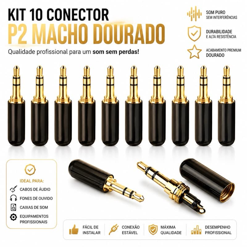 Kit 10 Conectores de Áudio Estéreo P2 3,5 mm Macho com Chapeamento de Ouro