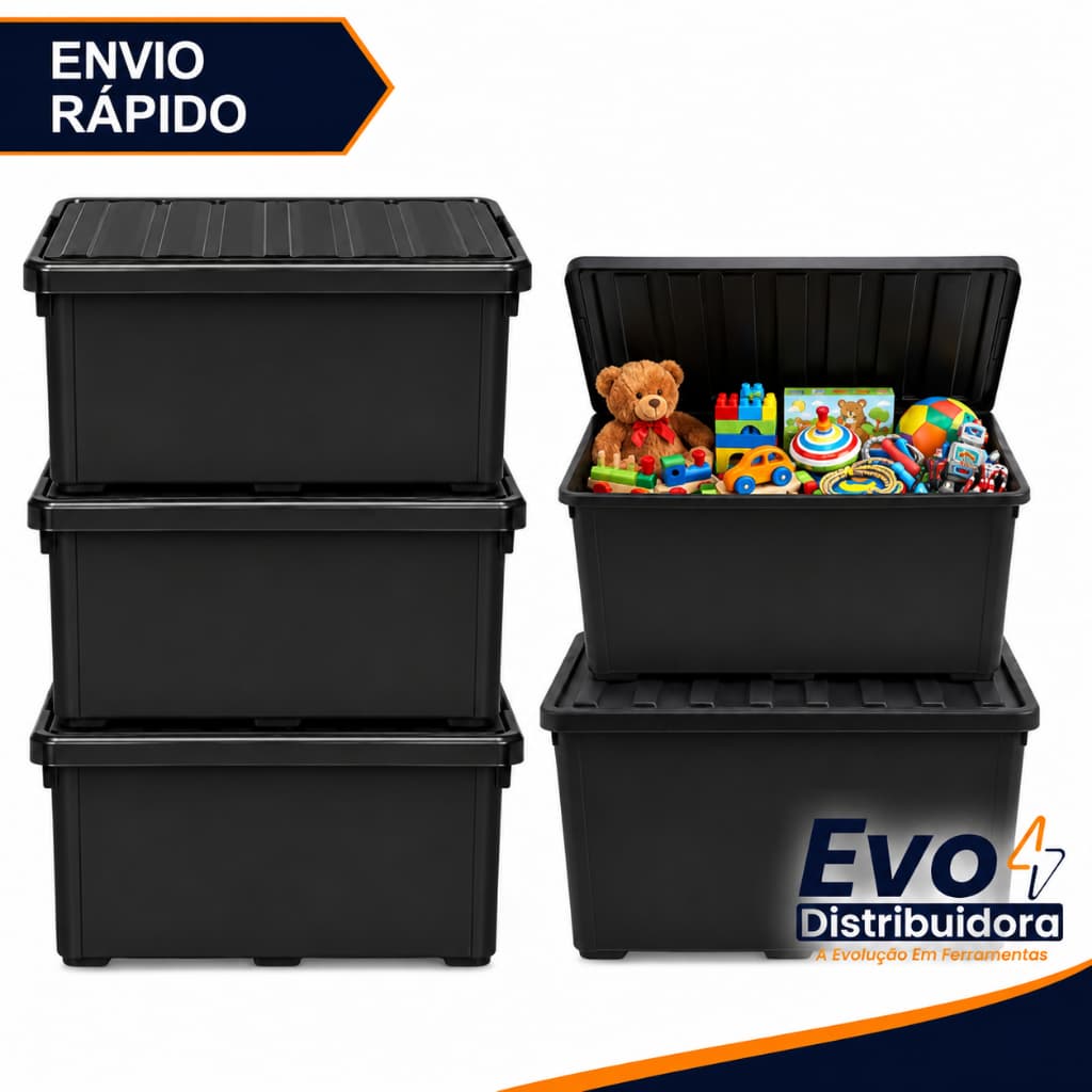 Kit 5 Unidades Caixa Organizadora 95 Litros Preta Baú Com Rodinhas e Trava Para Transporte HeavyBox