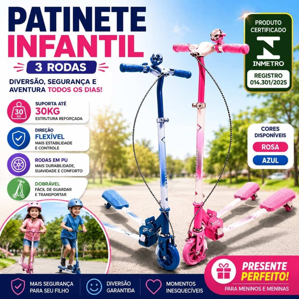 Patinete Infantil 3 Rodas Abre e Fecha Rodas Led Ajustável Azul ou Rosa