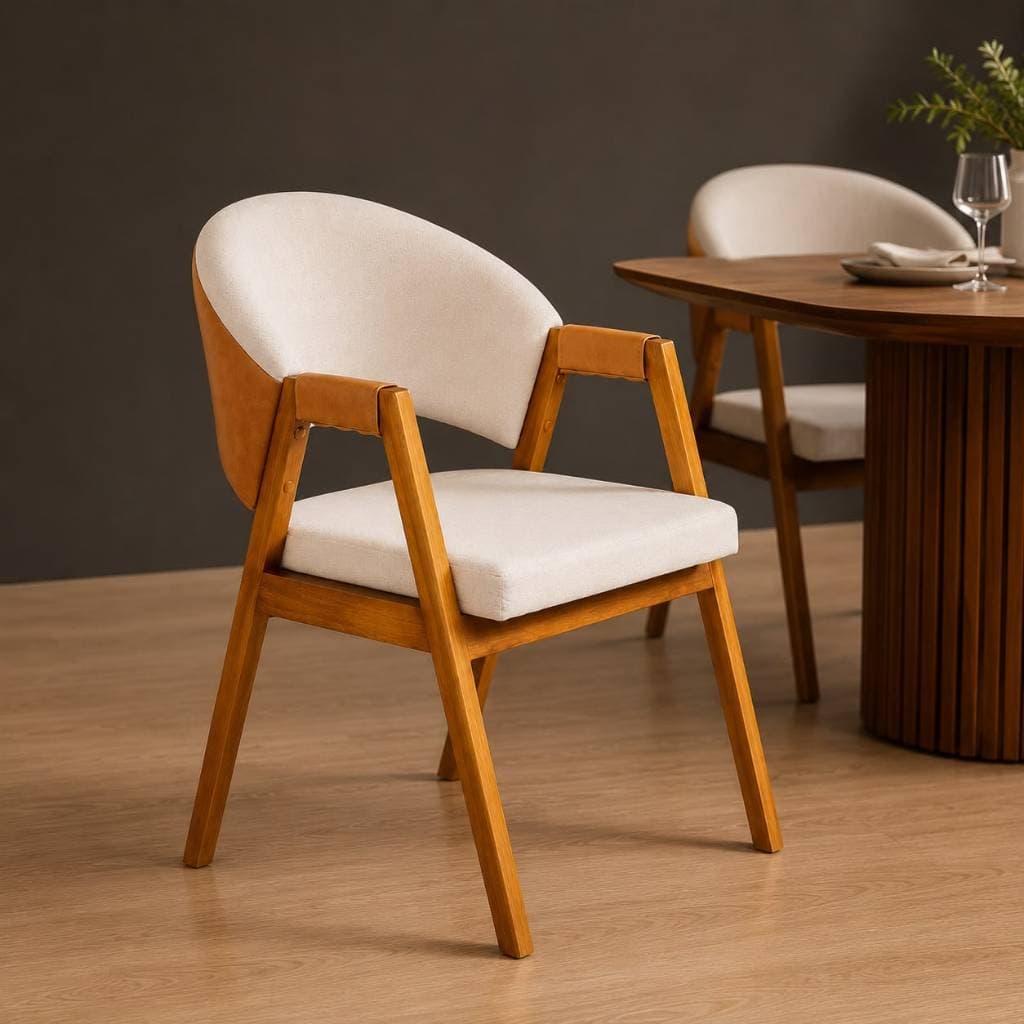 Cadeira Sala de Jantar Premium com Braço Madeira Maciça Estofada Linho Corino Elegante Resistente