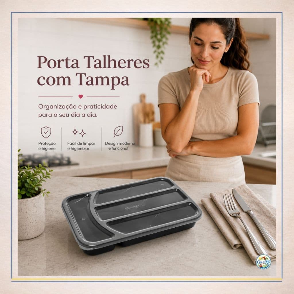 Porta Talheres com Tampa 4 Divisórias Organizador de Gaveta Cozinha Garfo Faca Colher Utensílios