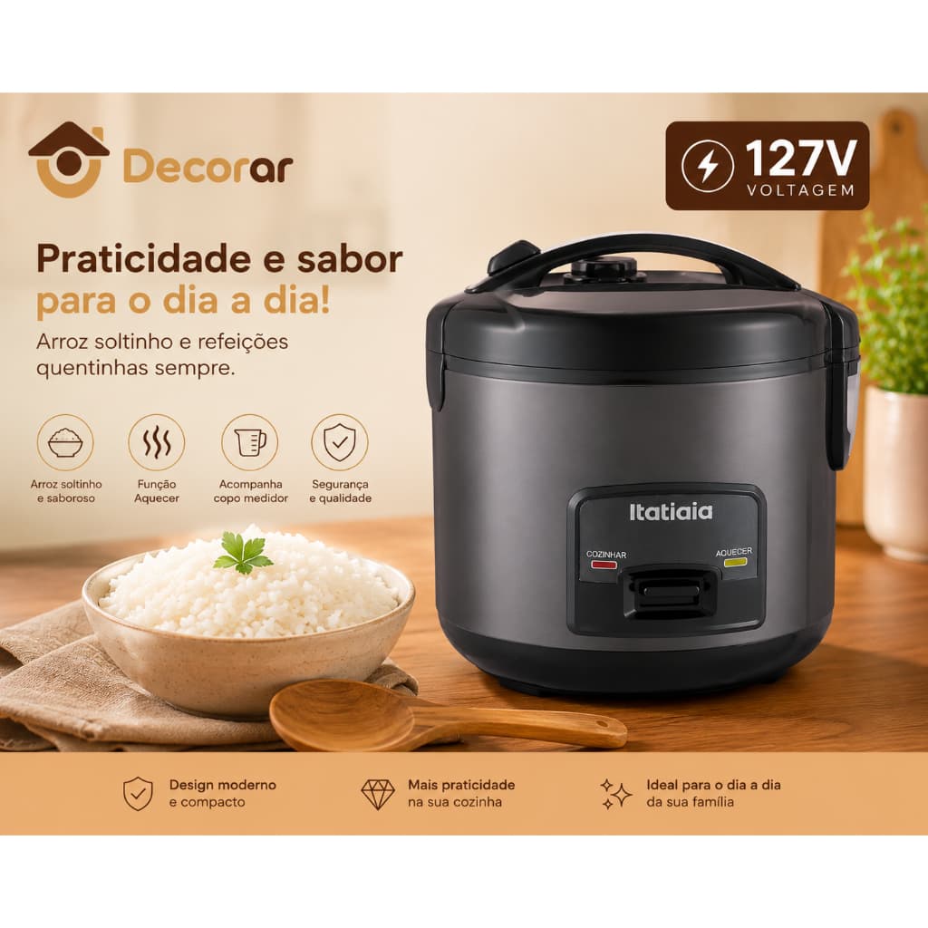 Panela de Arroz Itatiaia 1L 127V Preta 5 Xícaras Antiaderente Mantém Aquecido
