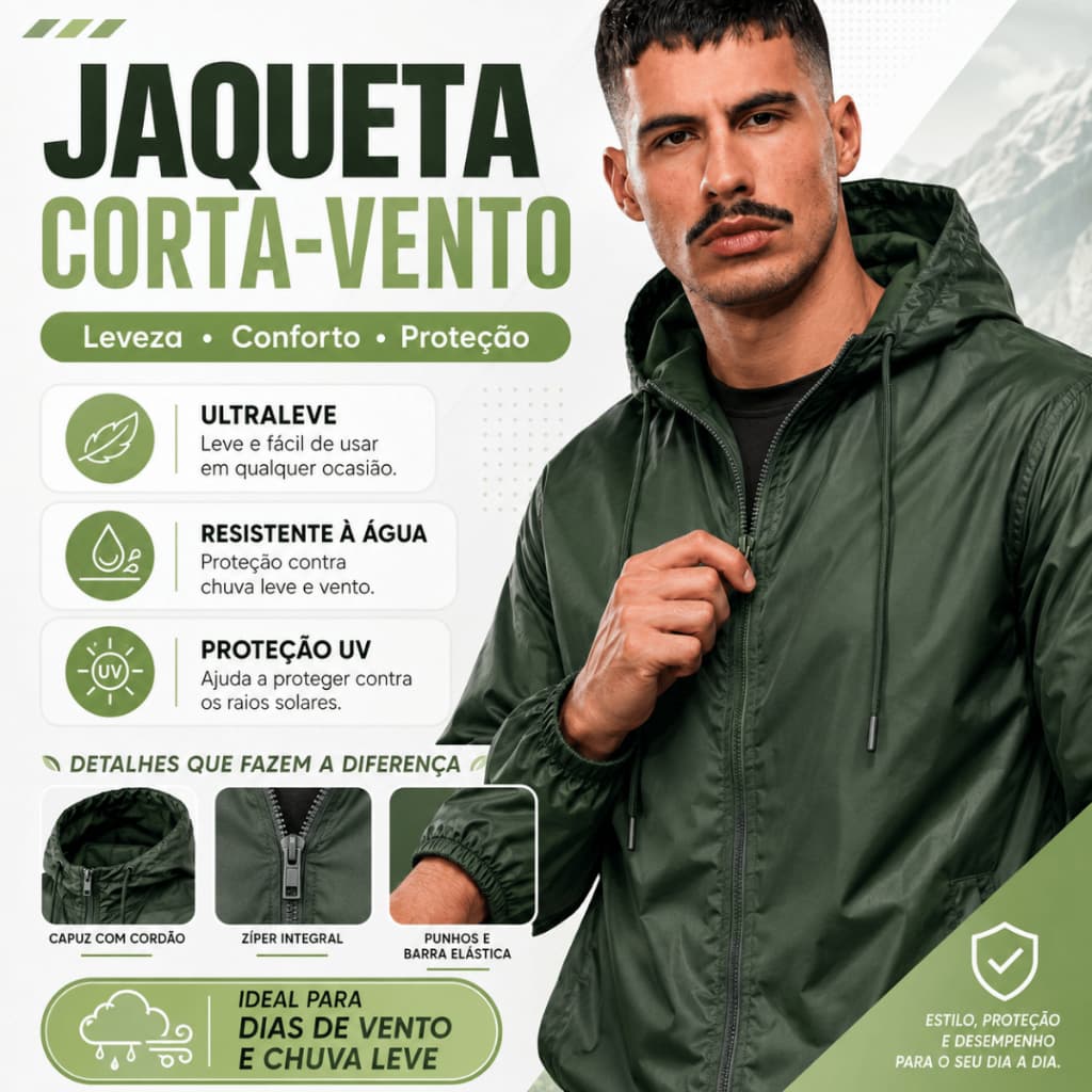 Jaqueta Corta Vento Masculina Com Bolso Ziper e Capuz Forrado Resistente a Agua