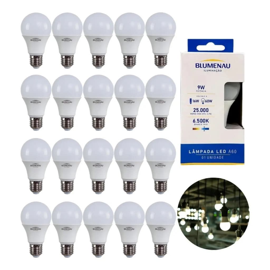 Kit 10 Lâmpadas LED 9W Blumenau E27 A60 Bivolt 6500K Econômica Alta Durabilidade
