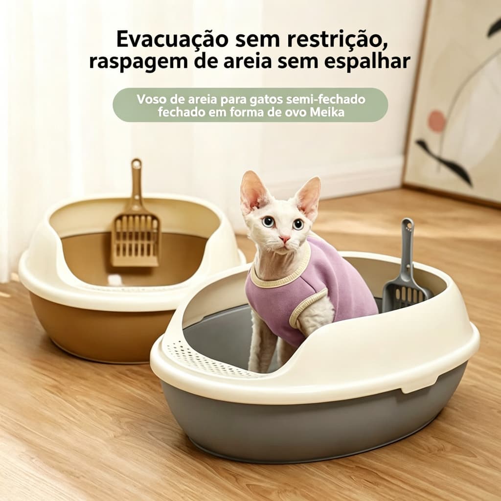 aixa de Areia Oval Pequena para Gato Filhote Bandeja Sanitária Semi-Fechada com Peneira Anti Derramamento