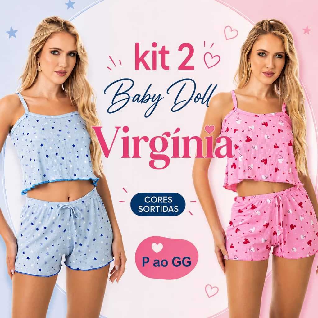 Kit 2 Baby Doll Virgínia Cropped Short Dol Estampado Blogueira Pijama Feminino Adulto Cores Sortidas