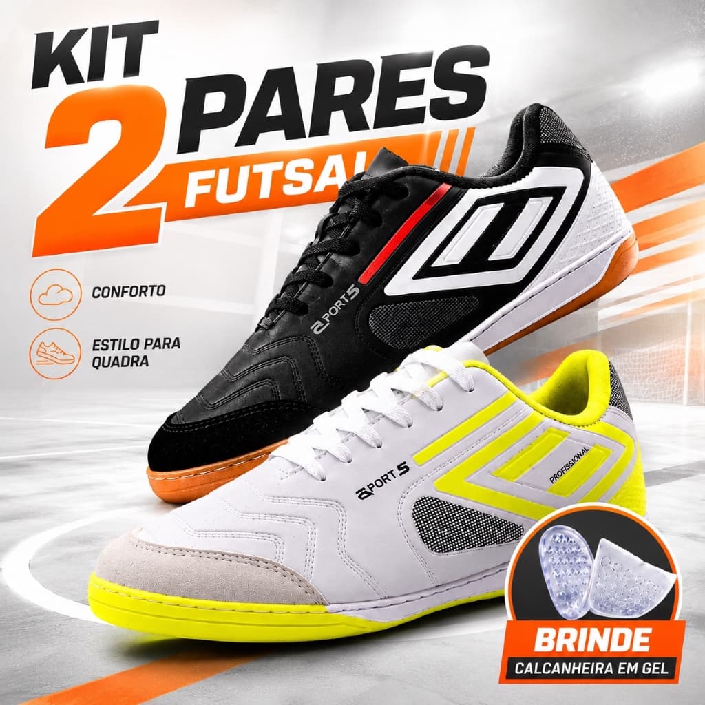 Kit 2 Pares Chuteiras Futsal Salão PROFISSIONAL Futebol Quadra Feminina Masculina Colada Costurada