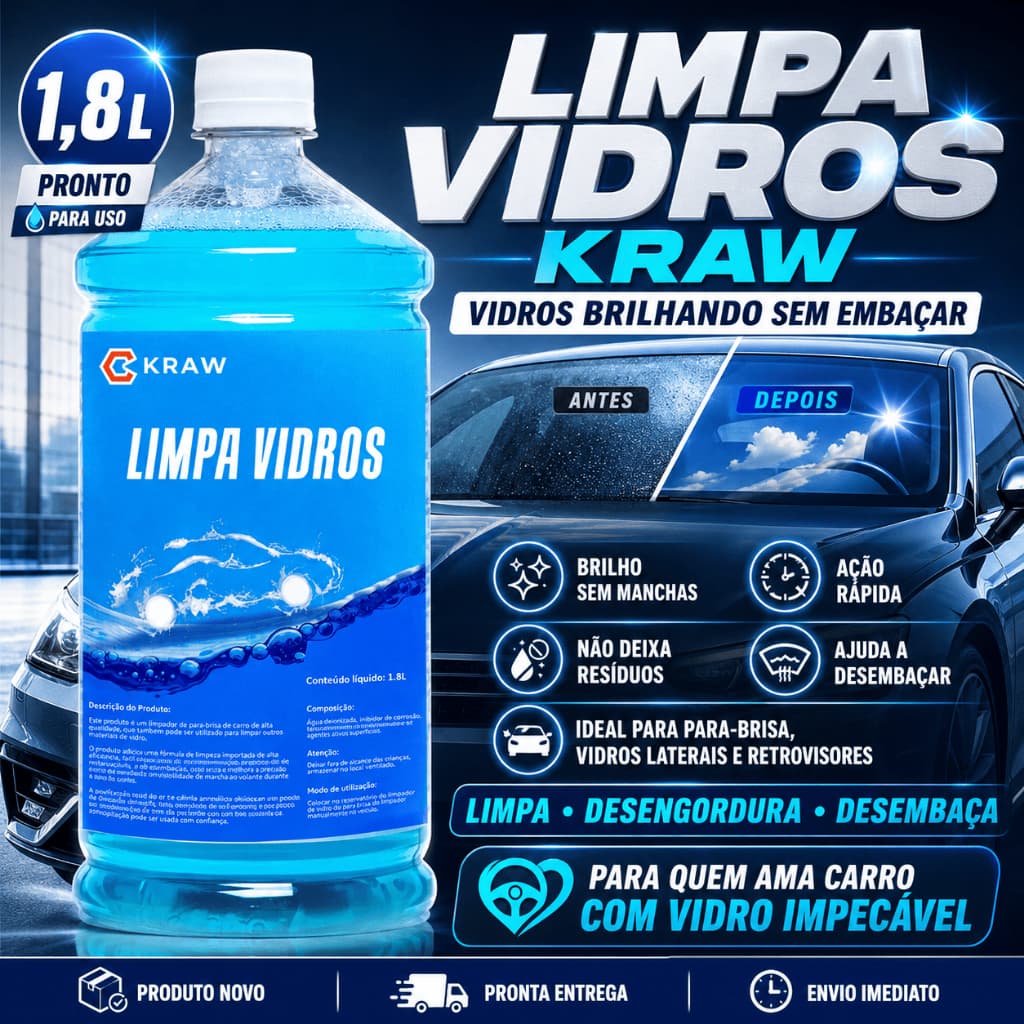 Limpa Vidros Automotivos e Domestico Limpador Parabrisa Carro e vidros em Geral 1,8 Litros