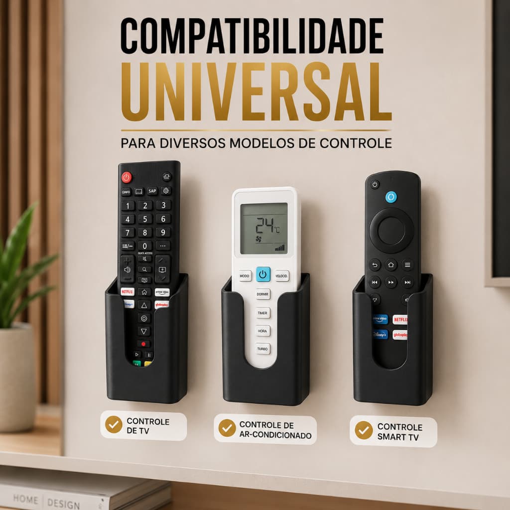 Suporte de Parede Preto para Controle Remoto TV Ar Condicionado Organizador Porta Controle Casa