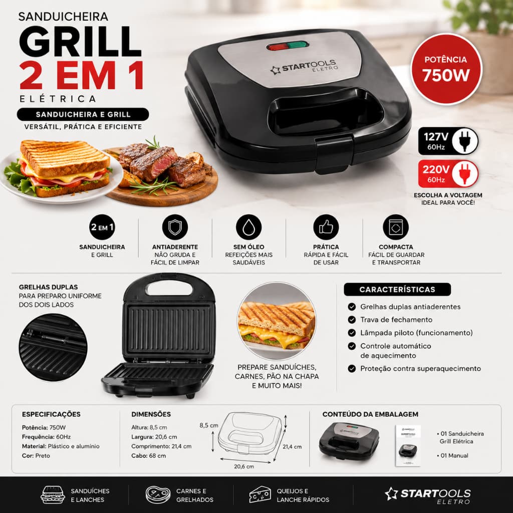 Sanduicheira Grill Elétrica 2 em 1 750W Antiaderente Prensa Dupla Pão na Chapa Grelhados 127V/220V
