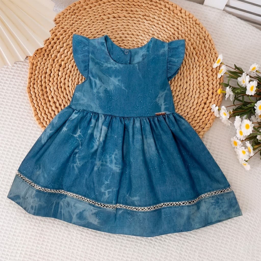 Vestido Jeans Bebê Menina Com Laço Nas Costas Botões De Pressão P Ao G Fresquinho Delicado