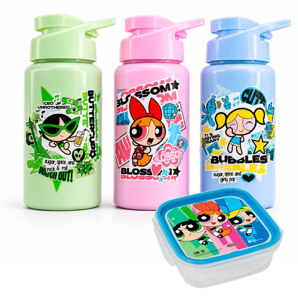 Garrafinha De Água Squeeze e Pote Meninas Super Poderosas 500ML Plástico Com Tampa Alça Infantil
