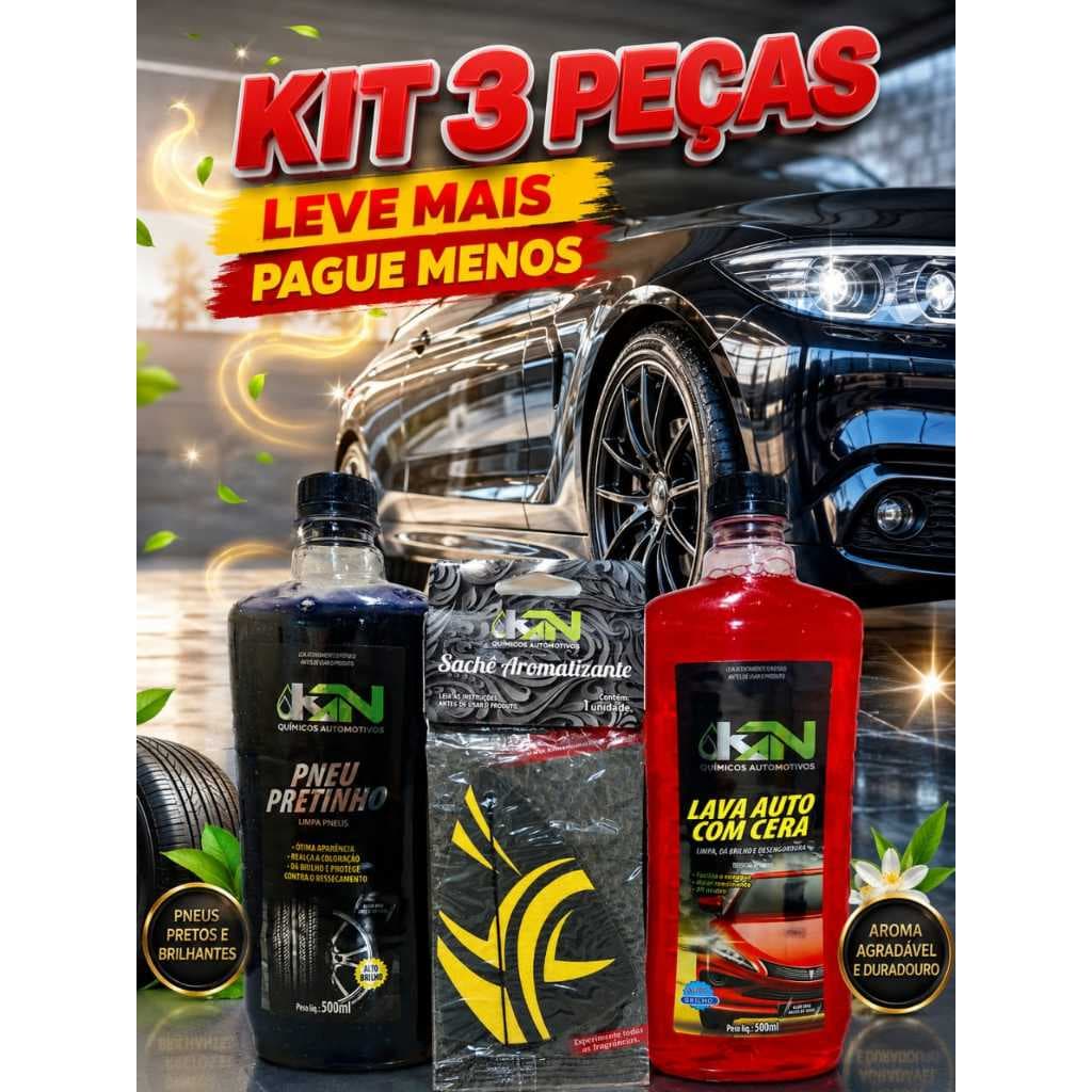 Kit Limpeza Automotiva Shampoo 500 ml + Pretinho para Pneus 500 ml + Aromatizante em Folha