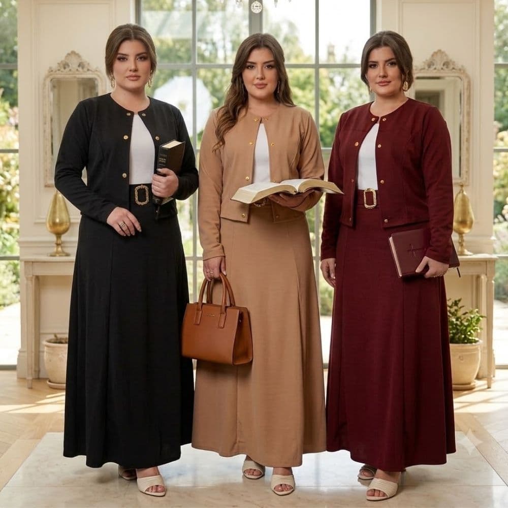 Conjunto Blazer Saia Longa Camiseta Cinto Plus Size Moda Evangelica Até EXG Congresso Envio Imediato