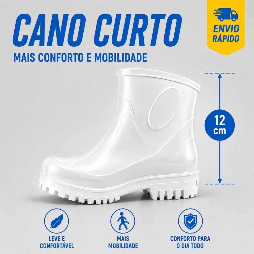 Bota PVC Impermeável Cano Curto Branca Antiderrapante EPI Chuva Limpeza Trabalho Motoboy