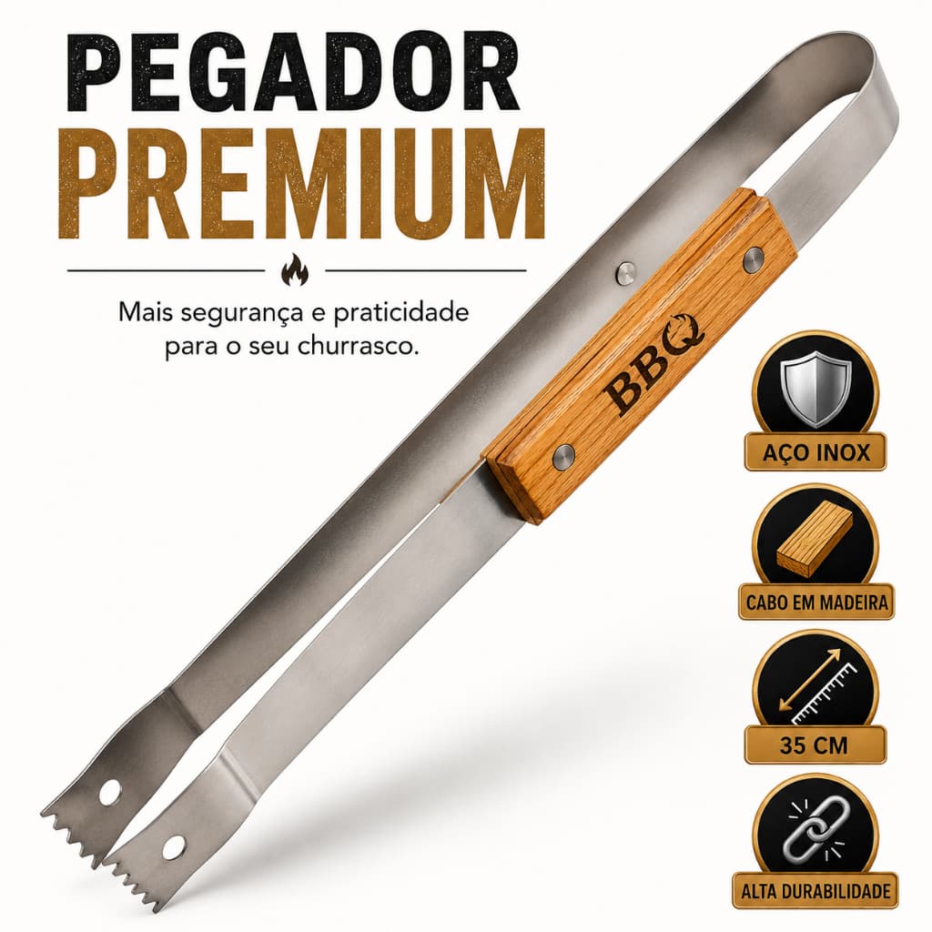 Pegador para Churrasco Premium em Aço Inox com Cabo de Madeira 35cm