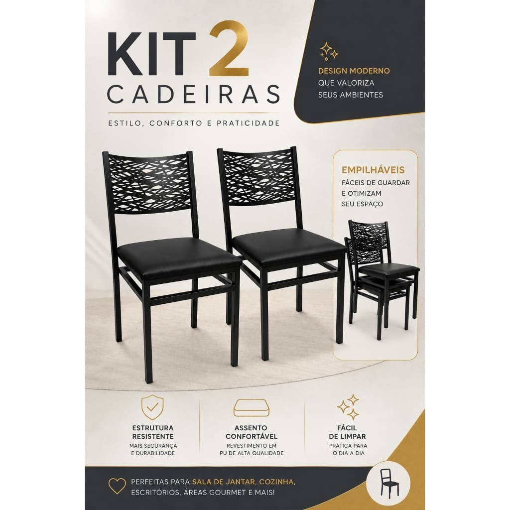 Kit 2 Cadeira de jantar Libano Moderna Encosto em Aço Corte a Laser Assento em Estofado Courino