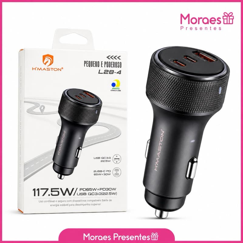 Carregador Veicular H’Maston L28-4 117,5W Turbo 3 Portas USB-C PD + USB QC3.0 Carregamento Rápido.