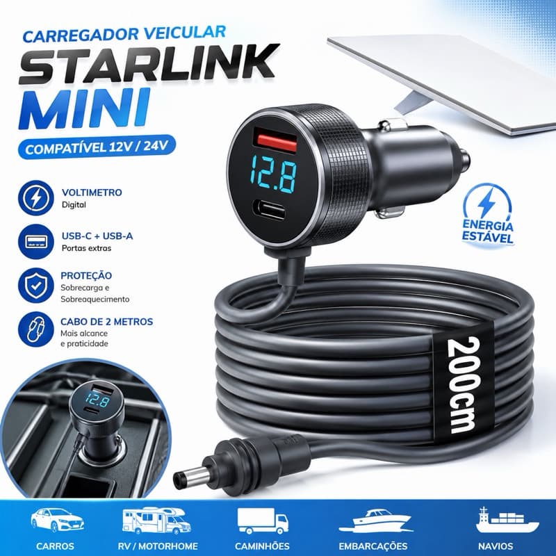 Carregador Veicular Para Star Link Mini 12V/24V Cabo 2 Metros USB-C USB-A Voltímetro
