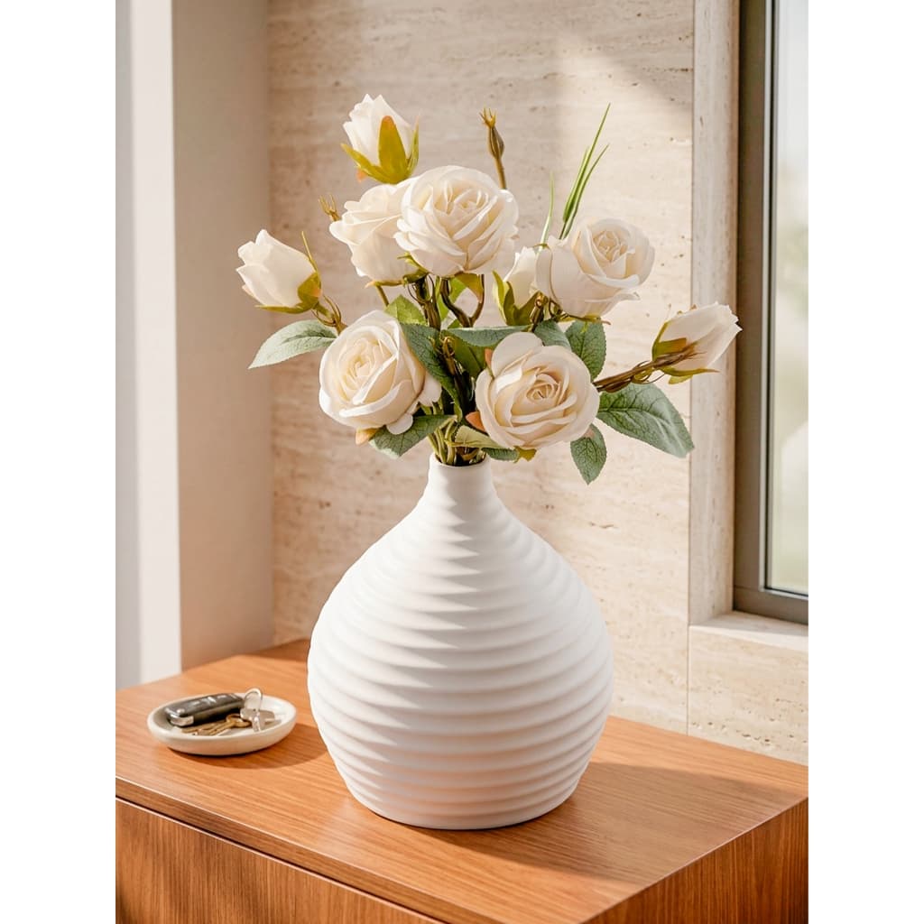 Arranjo de Rosas Artificiais Toque Real 30cm Vaso Cerâmica Fosca Buquê Seda Decoração Sala Aparador Polivenda