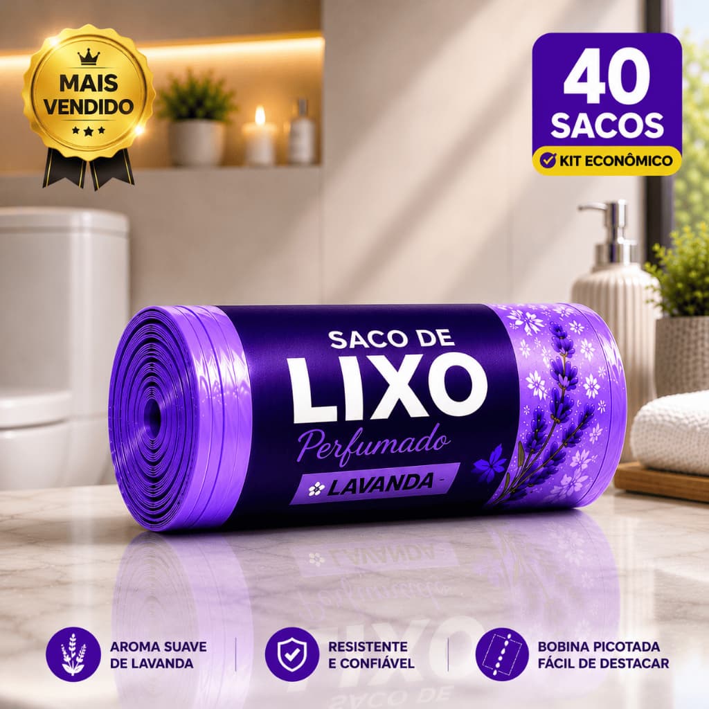 Kit 1 Rolos Saco de Lixo Perfumado Lavanda 40 Sacos Resistente Bobina Picotada 10L Cozinha Banheiro