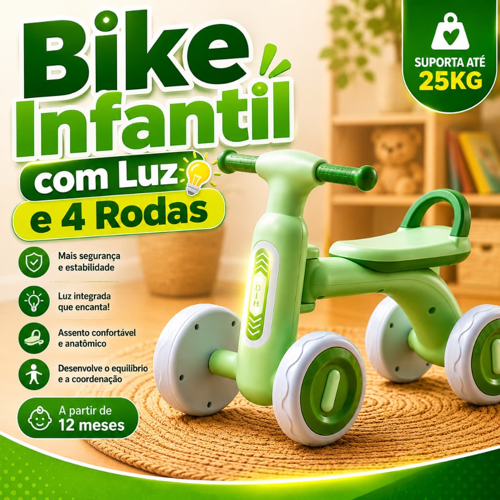 Bike Infantil Luz Rodas Estabilidade Verde Ideal Criancas Confortavel Seguro