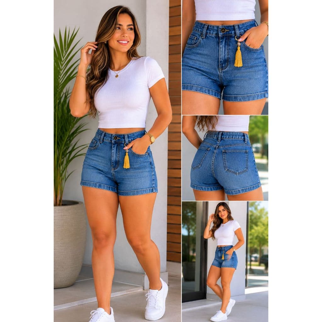 Short Jeans Feminino Cintura Alta Premium Barra Dobrada Casual Confortável Moda Verão