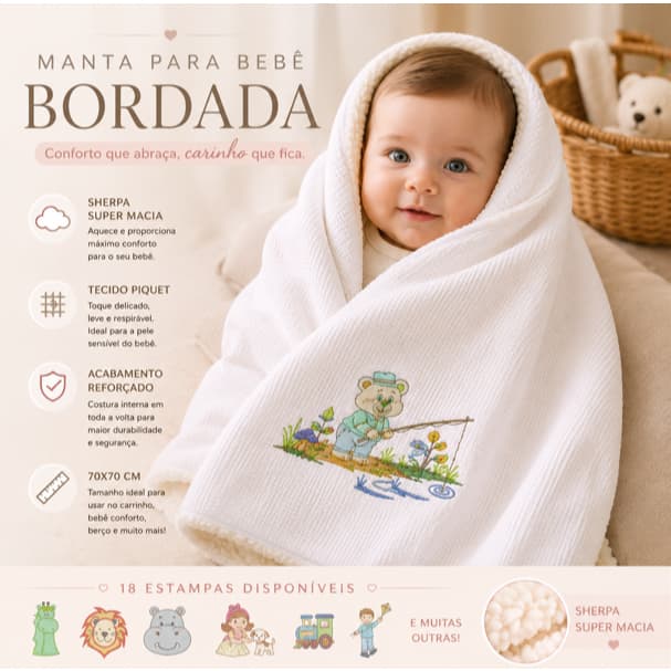 Manta Bebê Sherpa Premium Bordada | Piquet + Sherpa Macia | 70x70 cm