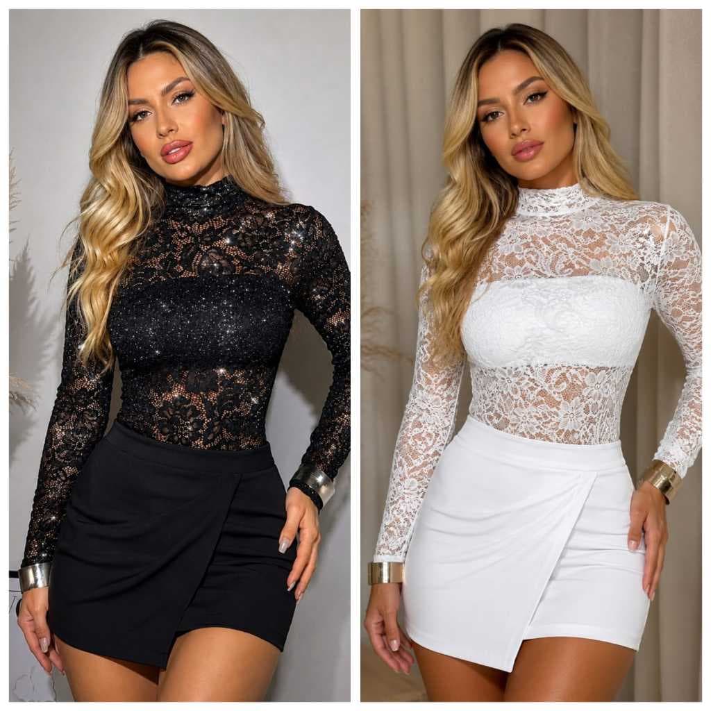 Body Feminino Manga Longa em Renda Floral Preto Kit2,0
