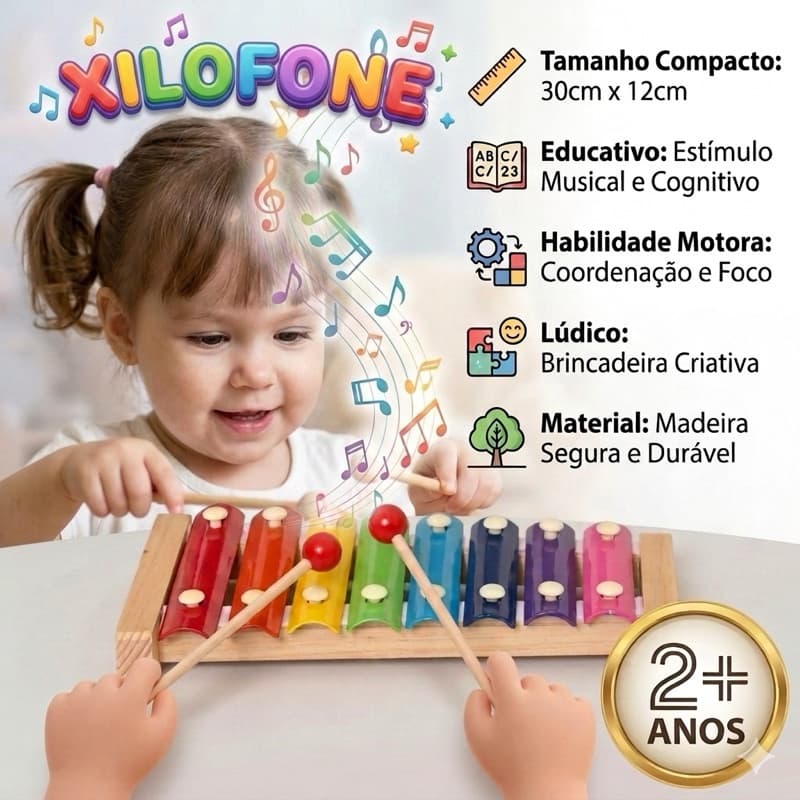 Brinquedo Pedagógico xilofone 8 notas  multicolorido madeira