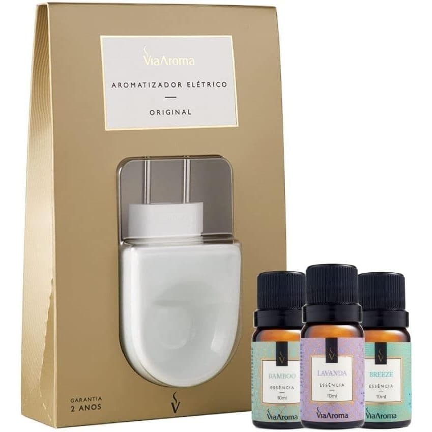 Kit Aromatizador Porcelana Original 110/220V + 3 Essências Via Aroma 10ml (Bamboo, Lavanda, Breeze)