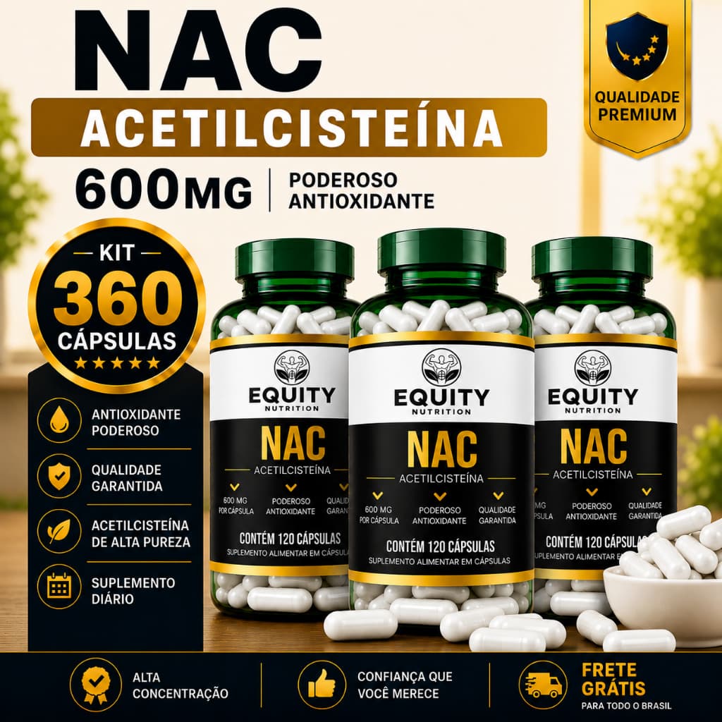 NAC 600mg 360 Cápsulas Acetilcisteína Suplemento Alimentar Original Equity Nutrition